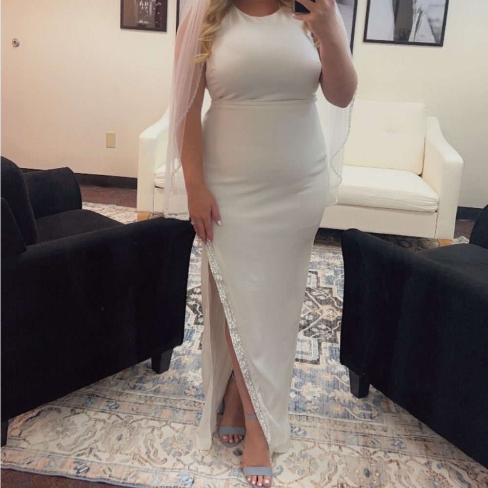 White formal long dress with rhine slit